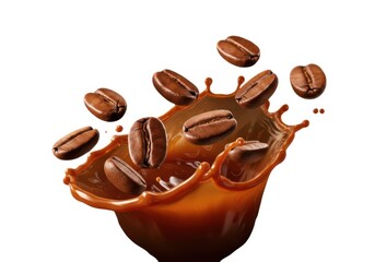Obraz premium Fresh roasted aroma coffee beans falling into a liquid splash shot