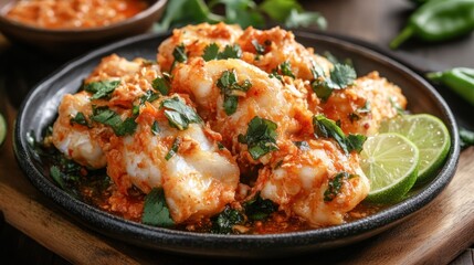 Fototapeta premium Spicy Fish Dish on Dark Plate
