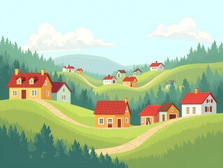 Colorful Houses on Rolling Hills Scenic Village Landscape Illustration
