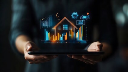 He is holding a tablet displaying a 3D digital house model alongside a graph showing real estate market growth trends.