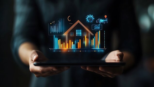 He is holding a tablet displaying a 3D digital house model alongside a graph showing real estate market growth trends.