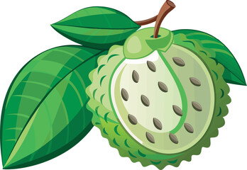 A vibrant vector art illustration of a fresh soursop fruit, featuring detailed textures, lush green leaves, and tropical, exotic appeal.