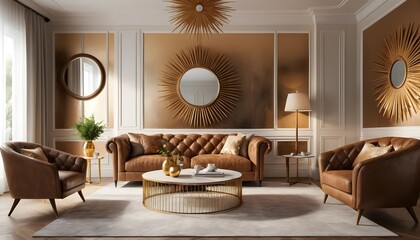 Luxurious Living Room Interior with Brown Leather Furniture and Gold Accents