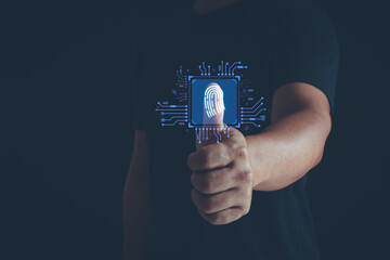 Cyber security protection of privacy personal data concept. Businessman Thumb up fingerprint to scan biometric authentication to connect username and password for unlock system safe from crime Hacker.