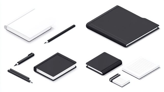 Pixelated Stationery Set Isometric View Black and White Notebooks with Pen Icon Aesthetic Digital Art Illustration Concept