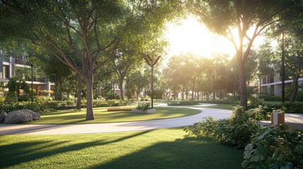 Obraz premium Sunny parkway through modern housing development