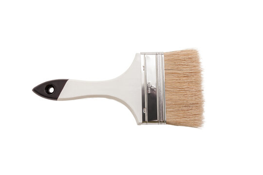 A wide flat paintbrush with natural bristles and a plastic handle. Ideal for painting large surfaces, varnishing wood, or applying adhesives. Perfect for DIY or home improvement visuals.