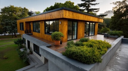Modern two-story house with wooden exterior and large glass windows surrounded by greenery in a park setting