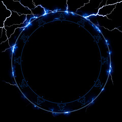 Electric blue energy plasma ring with runes magical symbols, frame Portal with glowing lightning isolated on black background, overlay transparent alpha VFX