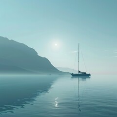 Fototapeta premium A minimalist scene with a sailboat anchored in a serene bay, the only movement is the gentle ripple of the water.