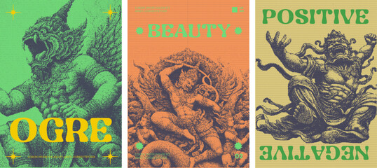 Bold Canine Poster triking trio features ogre statue jumping, growling illustrations with vibrant pink, blue, and yellow backgrounds