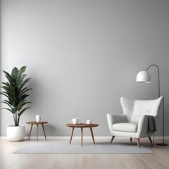 Modern Minimalist Living Room Interior with White Armchair and Empty Wall
