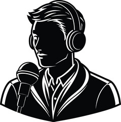 Podcaster's Silhouette: A striking black-and-white illustration of a podcaster, clad in a blazer and headphones, grasping a microphone. A striking representation of radio podcasting and communication.