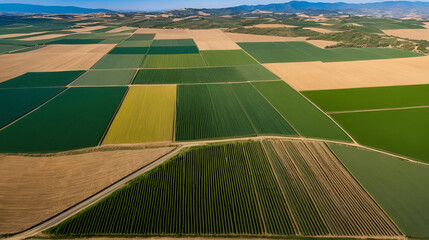 Aerial view of serene farmland with picturesque fields and shadows in Campina Cordobesa, Cordoba, Spain.