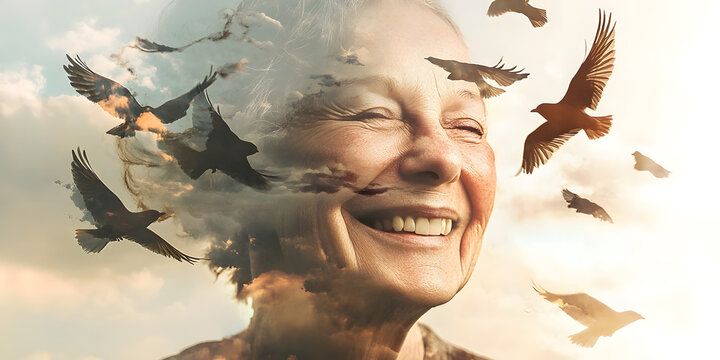 Smiling Senior Image, Birds in Flight, Cloudscape Art, Serene Scene, Positive Energy, Double Exposure Effect, Hopeful Image Product