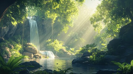 Obraz premium Serene waterfall in a tropical paradise surrounded by lush greenery and sunlight streaming through the trees