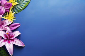 Tropical flowers on blue background with copy space. Exotic floral border for summer party invitation, beach wedding card, Hawaiian luau design, or tropical vacation concept