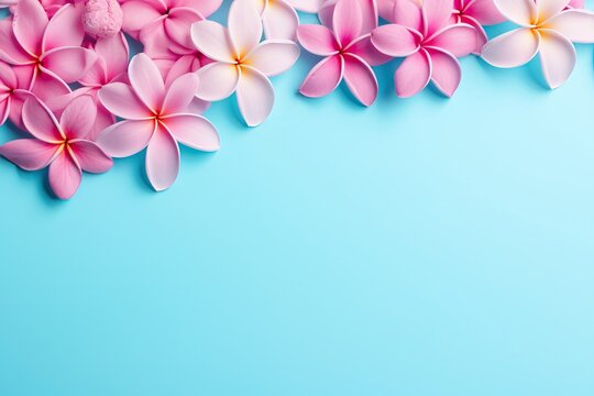 Pink plumeria flowers on turquoise background with copy space. Tropical spa concept. Design for summer vacation, beach wedding, Mother's Day greeting card or Hawaiian party invitation