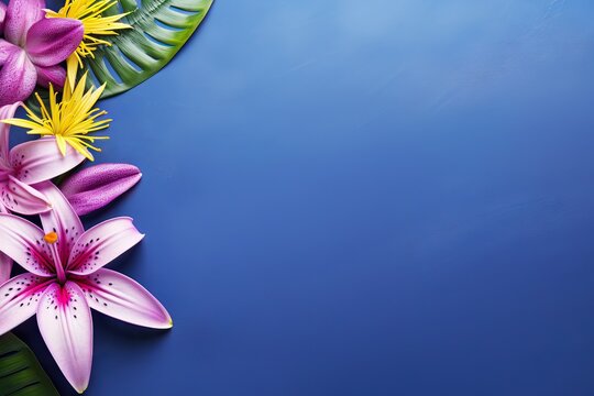 Tropical flowers on blue background with copy space. Exotic floral border for summer party invitation, beach wedding card, Hawaiian luau design, or tropical vacation concept