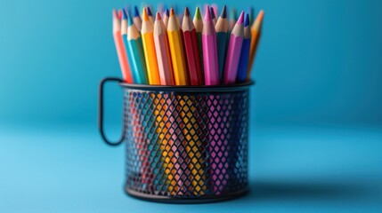 Fototapeta premium Vibrant Colored Pencils in a Metal Holder Against a Blue Background