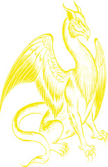 Mythic Dragon: A majestic mythical dragon illustration featuring vibrant yellow and detailed intricate lines, it creates a sense of power and fantastical charm. 