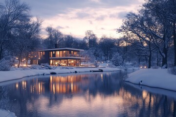 Fototapeta premium Modern house reflected in a wintery lake at twilight.