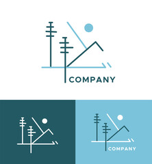 Geometric Scenery Pacific Northwest Logo. Mountain Landscape Symbol with firs, sun, sea, and hills. Editable stroke