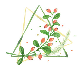 Barberry and Plantain Watercolor Logo. Herbs in the triangle shapes. Vector emblem illustration. Each object is on a separate layer. Isolated on white