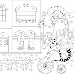 Happy cat on retro bicycle in old Paris. Time travel in France. Colored page background. Black and white. Each object on a separate layer. Editable stroke