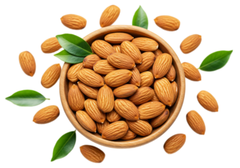 Premium Almonds in Rustic Wooden Bowl Fresh and Healthy Organic Snack for Wellness PNG Image