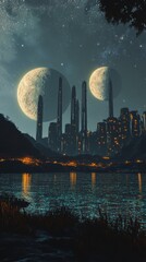 Alien architecture on another planet with copy space vertically 9:16