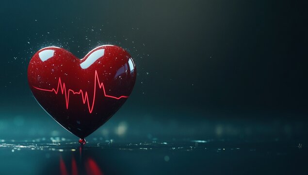 World Blood Donor Day. Red heart with a pulsating line and a drop of blood on a dark blue background, a health or medical care concept.