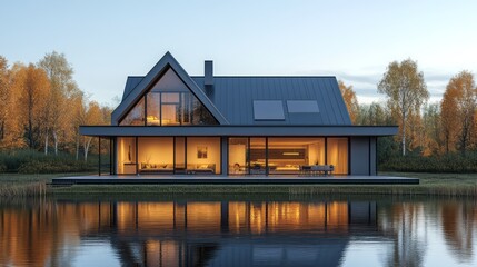 Obraz premium Modern home exterior by a tranquil pond at twilight.