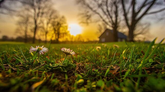 The cycle of wildflower daises closing petals and night and blooming at sunrise in a close up time lapse with the sun in the background