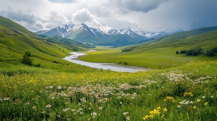 Beautiful valley with blooming wildflowers and a winding river under a cloudy sky near snow-capped mountains during springtime