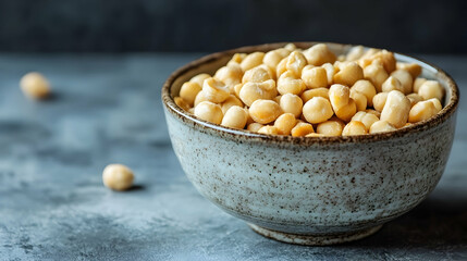 Close-up of a Bowl Filled with Macadamia Nuts on a Textured Surface