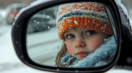 Child winter scene reflected in car mirror. [Mirrored Realities] | Shimmer Divide | wavering split. Illustration