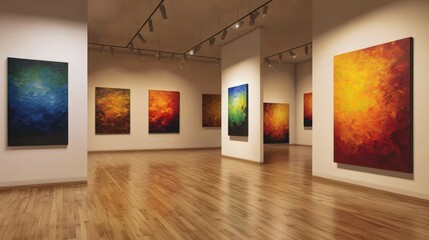 Gallery interior, art exhibit, lighting, wooden floor