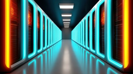 Explore a sleek, futuristic server room, filled with advanced tech and vibrant lighting, perfect for tech enthusiasts.