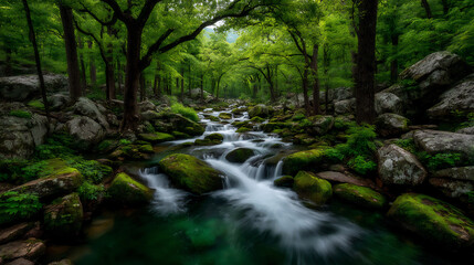 Fototapeta premium a cool, clear mountain stream flowing over smooth rocks surrounded by lush green moss and ferns in a forest.