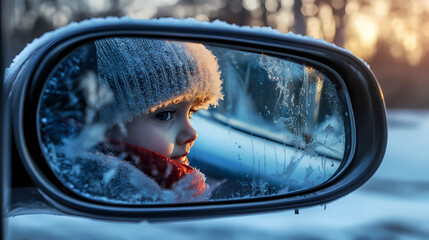 Child winter scene reflected in car mirror. [Mirrored Realities] | Shimmer Divide | wavering split. Illustration