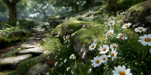 a cool, moss-covered forest floor with small wildflowers blooming in the dappled shade.