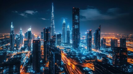 Fototapeta premium Dubai skyline illuminated at night with futuristic skyscrapers and busy roads showcasing urban life and modern architecture