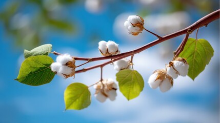 Lush cotton plants flaunt vibrant green leaves under a clear blue sky, showcasing natures beauty and vitality.