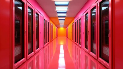 Experience the sleek design of a stateoftheart server room, illuminated with vibrant neon lights for a modern touch.