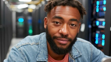 A tech expert focuses on a laptop in a hightech warehouse, surrounded by servers and cuttingedge equipment.