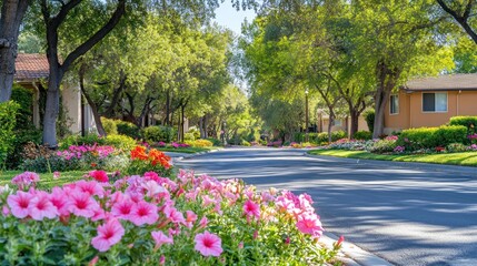 Obraz premium Residential street lined with flowers and trees; sunny day; neighborhood; perfect for real estate or home improvement ads