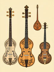 Detailed illustrations of string instruments showcasing intricate designs and craftsmanship in traditional art style