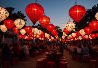 Naklejka premium Night Market Festivities: Illuminated Lanterns and Festive Atmosphere in a Vibrant Asian Street Food Scene