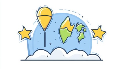 Naklejka premium Global Adventure Concept with Air Balloon World Map and Stars Dreamlike Journey and Exploration Representation in Charming Doodle Style